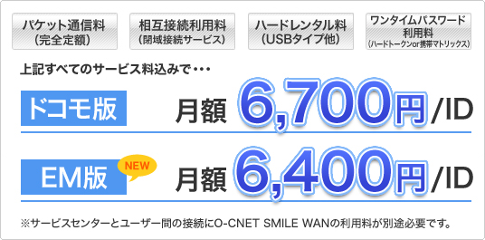 O-CNET AIR TUBE�@1ID������̌��z�����F�p�P�b�g�ʐM��(���S��z)�A���ݐڑ����p��(��ڑ��T�[�r�X)�A�n�[�h�����^����(USB�^�C�v��)�ASecur ID�����^����(�g�[�N��or�J�[�h�^�C�v)�@���ׂẴT�[�r�X�����݂� �h�R���ŁF���z6,700�~/ID�@EM�ŁF���z6,400�~/ID�@�ʓrO-CNET SMILE WAN�̗��p�����ʓr�K�v�ł��B