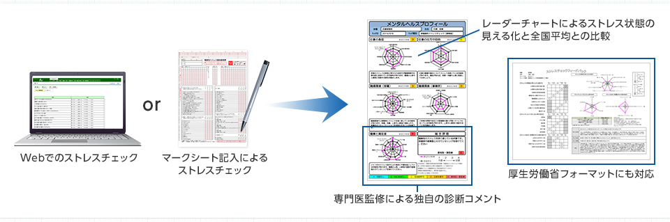 Webでのストレスチェックorマークシート記入によるストレスチェック　専門医監修による独自の診断コメント　レーダーチャートによるストレス状態の見える化と全国平均との比較　 厚生労働省フォーマットにも対応