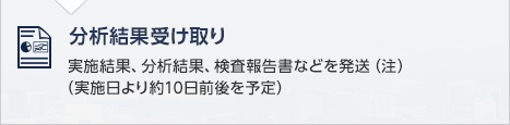 分析結果受け取り　実施結果、分析結果、検査報告書などを発送（注）（実施日より約10日前後を予定）