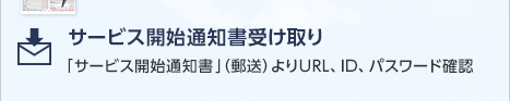 サービス開始通知書受け取り　「サービス開始通知書」（郵送）よりURL、ID、パスワード確認