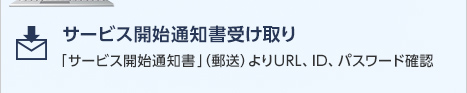 サービス開始通知書受け取り「サービス開始通知書」（郵送）よりURL、ID、パスワード確認